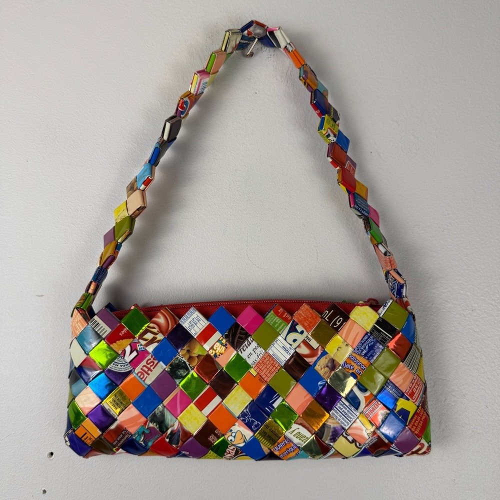 Upcycled Candy Wrapper Woven Shoulder Bag Women Multicolor Recycled Handmade Y2K